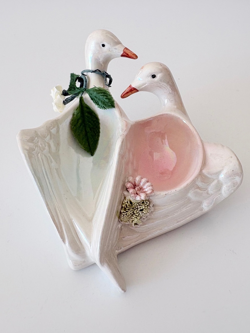 Vintage Capodimonte Porcelain Love Birds Iridescent With Floral Accents MCM